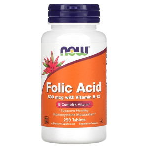 NOW, Folic Acid 800 + Vitamin B12, 250 табл (250 порций)